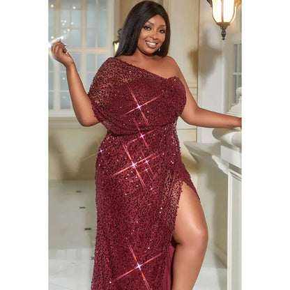 Plus Size Burgundy Formal One Shoulder Backless High Split Irregular Sequin Maxi Dress FZwear