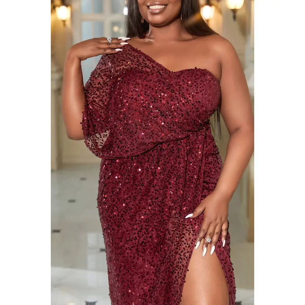 Plus Size Burgundy Formal One Shoulder Backless High Split Irregular Sequin Maxi Dress FZwear