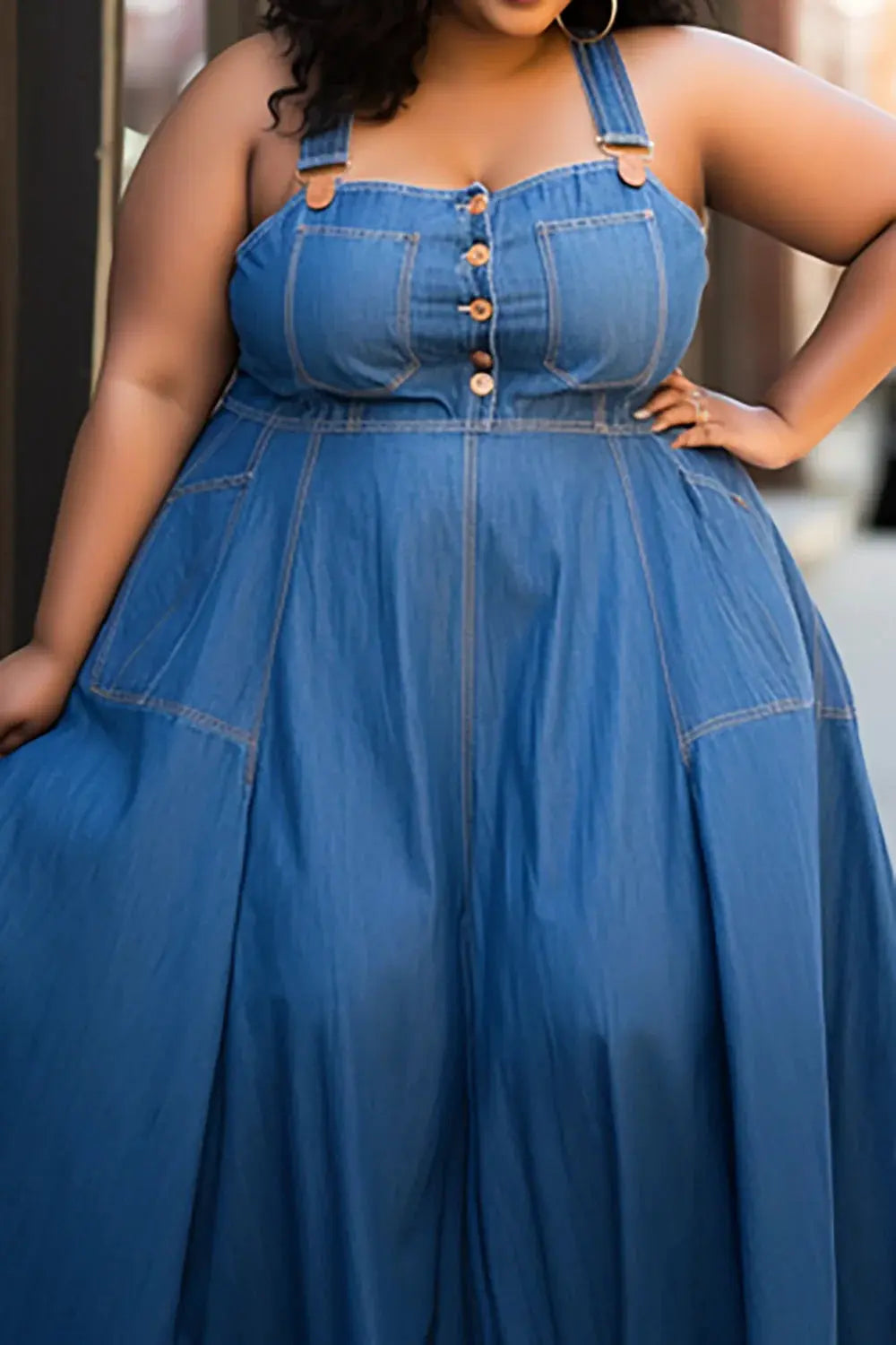 Plus Size Daily Blue Button Overall Denim Maxi Dresses FZwear