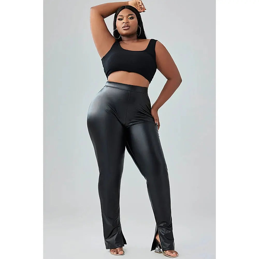 Plus Size Daily Pant Black High Waist Pu-Leather Pants FZwear