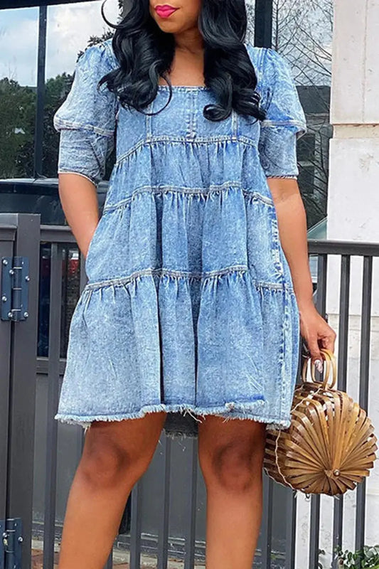 FZ Women's Plus Size  Daily Puff Sleeve Babydoll Mini Square Neck Denim Dress