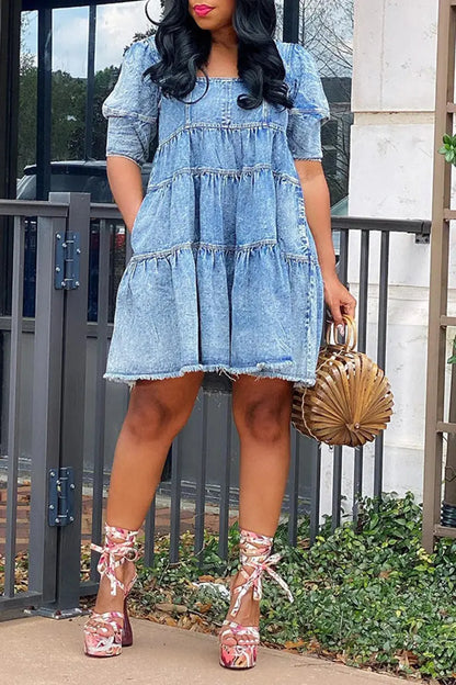 Plus Size Denim Dresses Women Blue Daily Puff Sleeve Babydoll Mini Dress Square Neck Polyester Short Dress FZwear