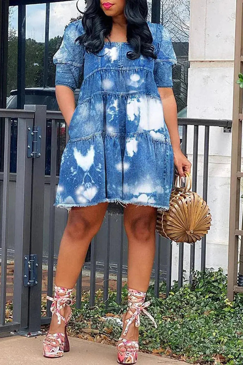 Plus Size Denim Dresses Women Blue Daily Puff Sleeve Babydoll Mini Dress Square Neck Polyester Short Dress FZwear