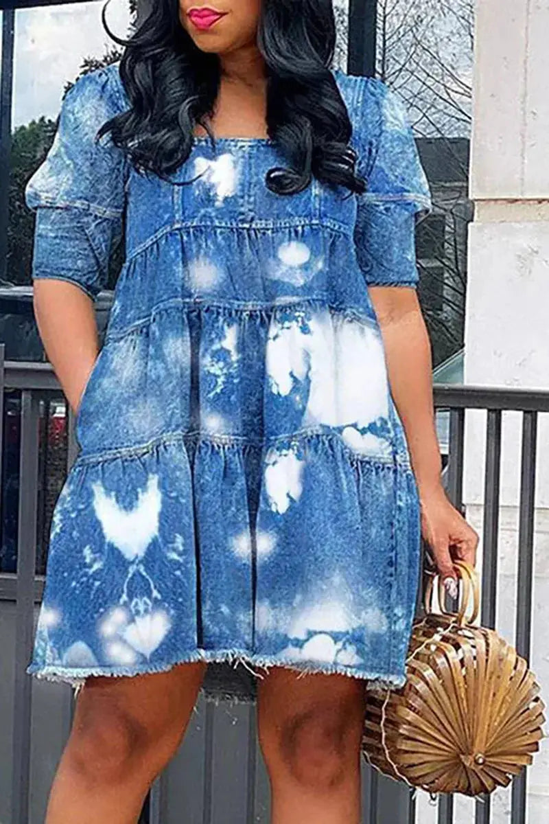 FZ Women's Plus Size  Daily Puff Sleeve Babydoll Mini Square Neck Denim Dress