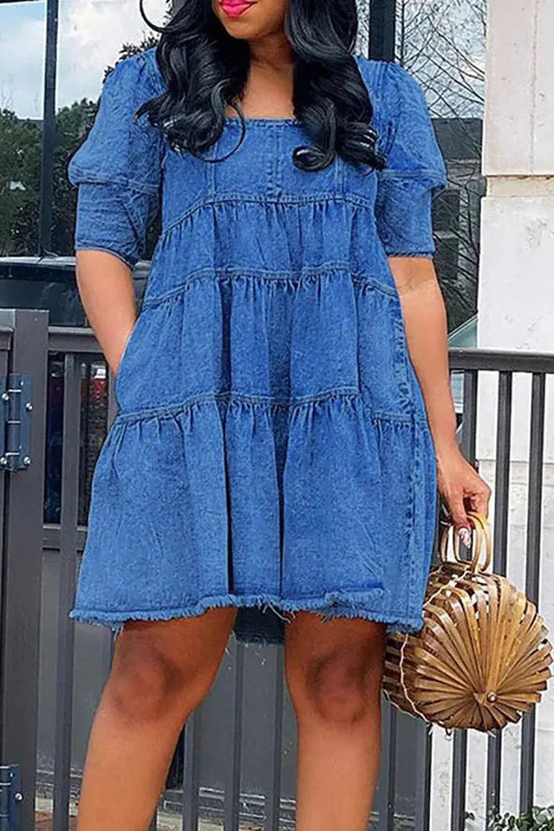 FZ Women's Plus Size  Daily Puff Sleeve Babydoll Mini Square Neck Denim Dress