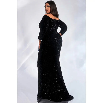 Plus Size Evening Gown Dress Black Off Shoulder Sequined With Small Tail Maxi Dress FZwear