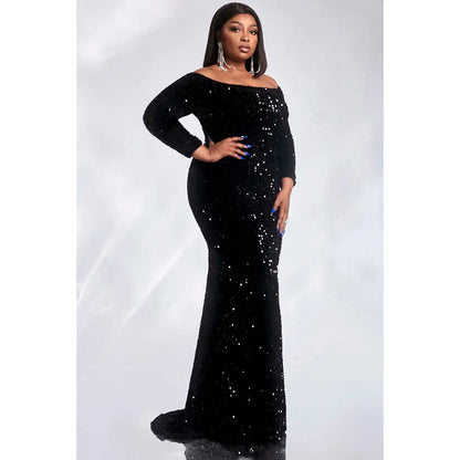 Plus Size Evening Gown Dress Black Off Shoulder Sequined With Small Tail Maxi Dress FZwear