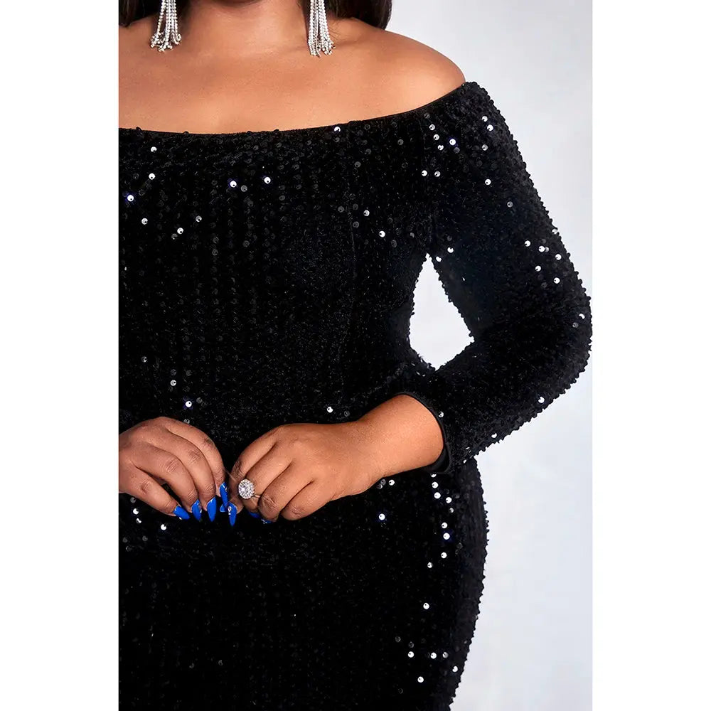 Plus Size Evening Gown Dress Black Off Shoulder Sequined With Small Tail Maxi Dress FZwear