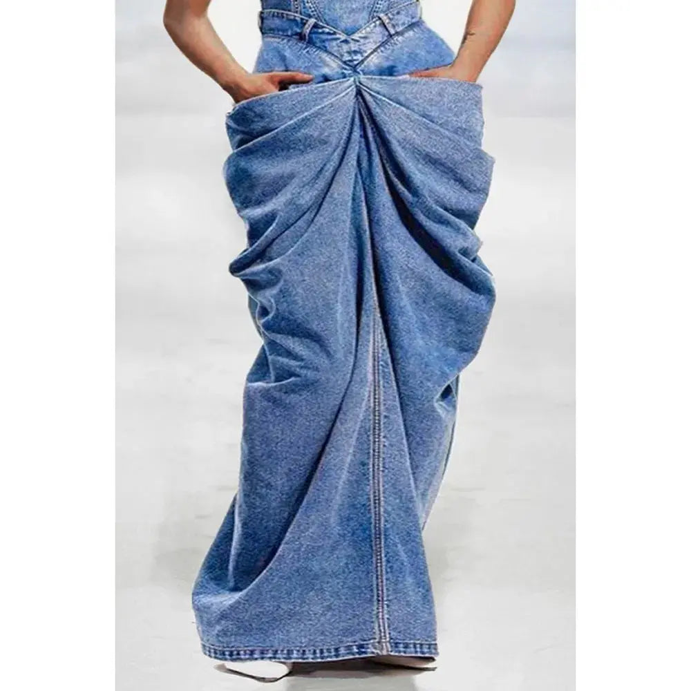 Plus Size Fashion Women's Dress Blue Bow Overalls Four Seasons Folding Denim Long Skirt FZwear