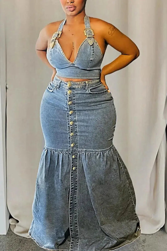 FZ Women's Plus Size V Neck Two Piece Denim Skirt Suit