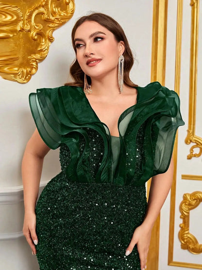 Plusee Plus Size Female Dresses V-neck Tiered Sleeve Sexy Slit Summer Dress For Women 2023 Elegant Lady Wedding Party Dresses FZwear