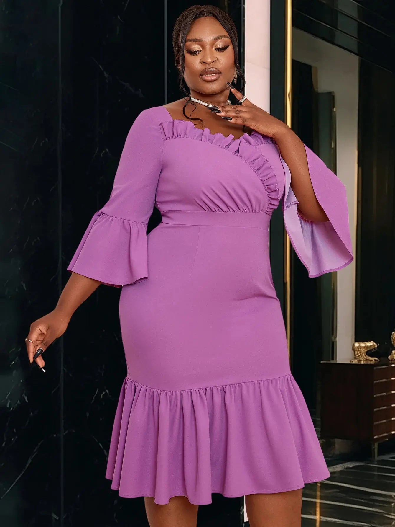 Pure Color Minimalist Patchwork Dress V-neck Ruffle Sleeve High Waisted Dress AOMEI New Sweet Purple Elegant Women's Dresses FZwear