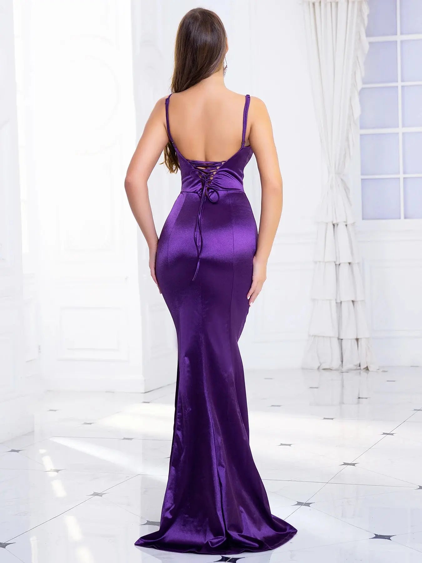 Purple Sleeveless Mermaid Satin Dress Backless Lace Up Front Slit Evening Prom Party Gown Summer Wedding Bridesmaids FZwear