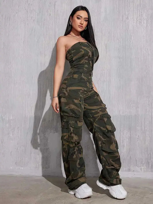 REDDACHiC Camouflage Button Front Denim Tube Jumpsuit Women Retro Y2k Function Pockets Sleeveless One-piece Overalls Work Wear FZwear