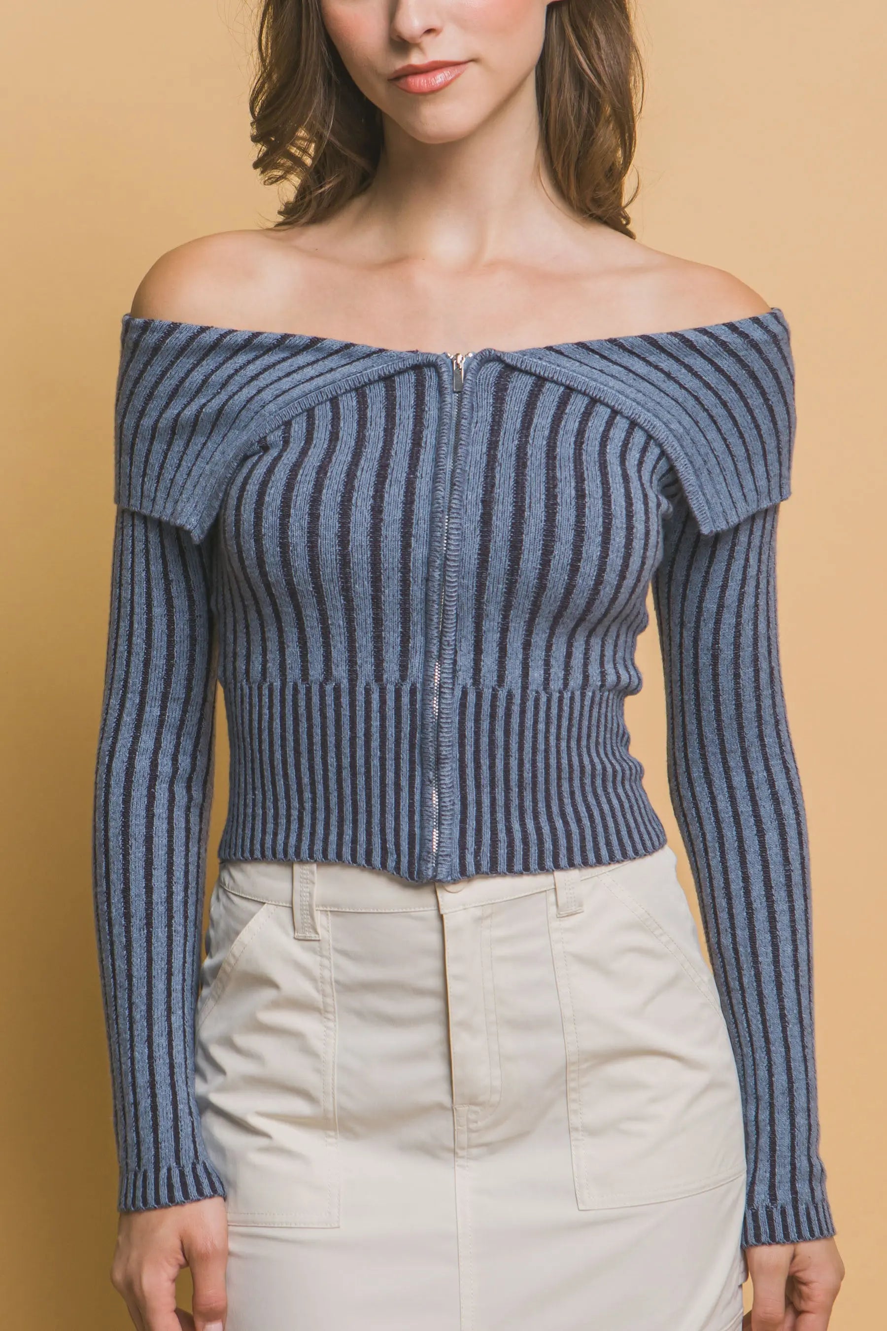 Ribbed bardot zip up long sleeve CCWHOLESALECLOTHING