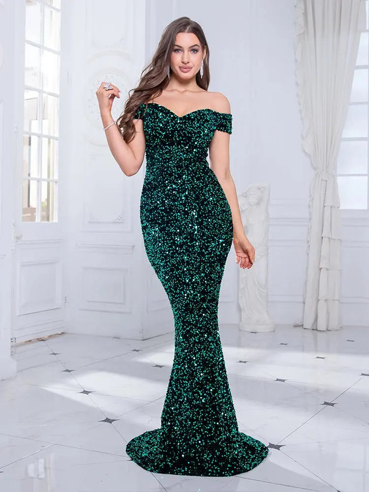 FZ Women's Off The Shoulder Mermaid Stretchy Sequin Velvet Slash Neck Evening Dress