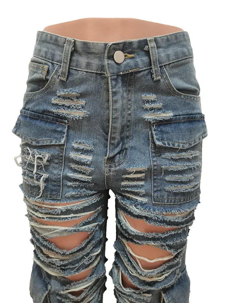 FZ Women's Ripped Light Blue Denim Cargo Pants - FZwear