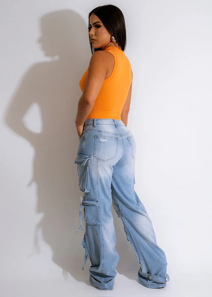 FZ Women's Vintage Three-Dimensional Multi-Pocket Low-Rise Denim Pants - FZwear