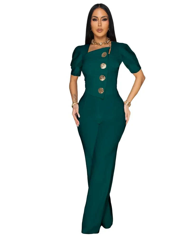 FZ Women's Button Front Puff Short Sleeve Wide Leg One Piece Jumpsuit