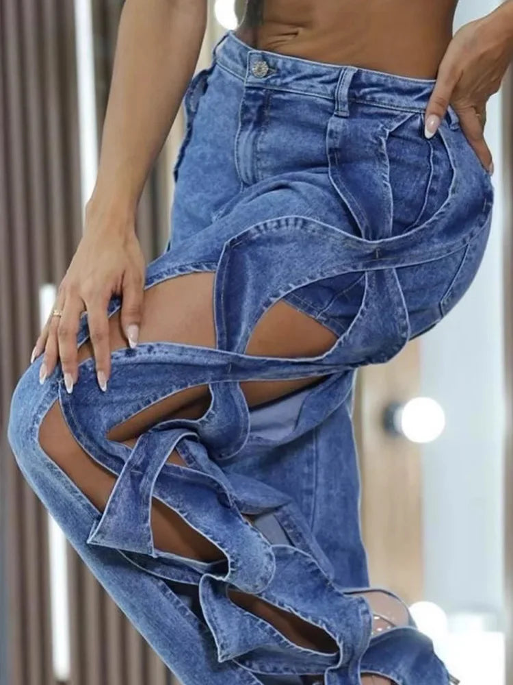 FZ Women's 2 Piece Strapless Lace Up High Waist Flared Denim Pants Suit