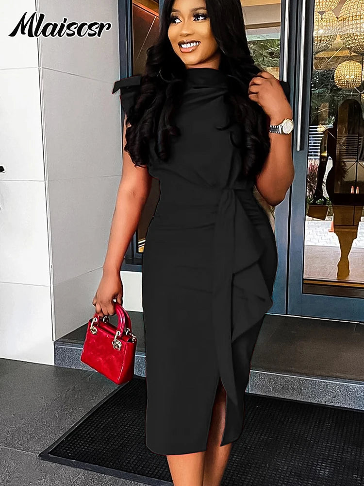 FZ Women's Ruffles Wrap Hip O Neck Short Sleeve Pencil Evening Dress