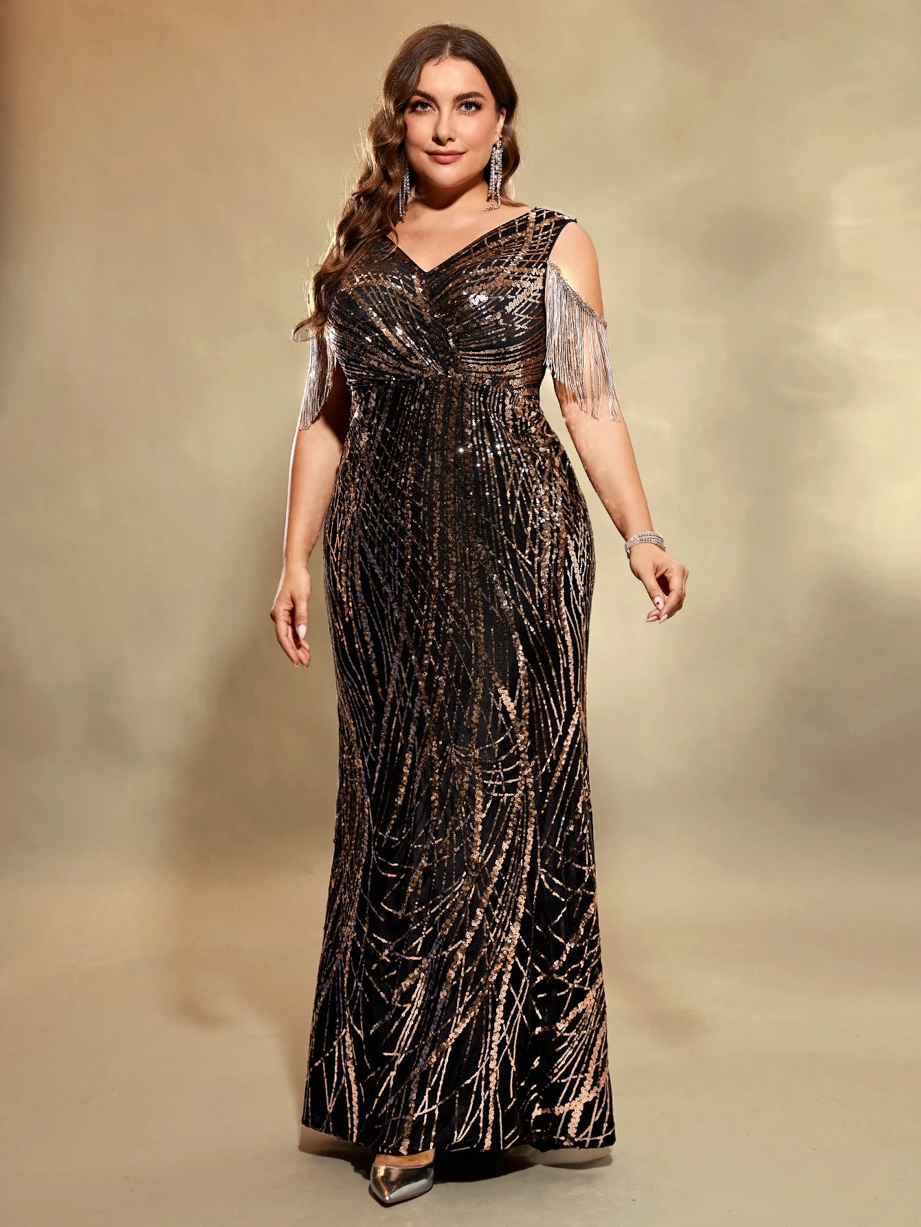 FZ Women's Plus Size Sleeveless Fringed Sequin Evening Dress