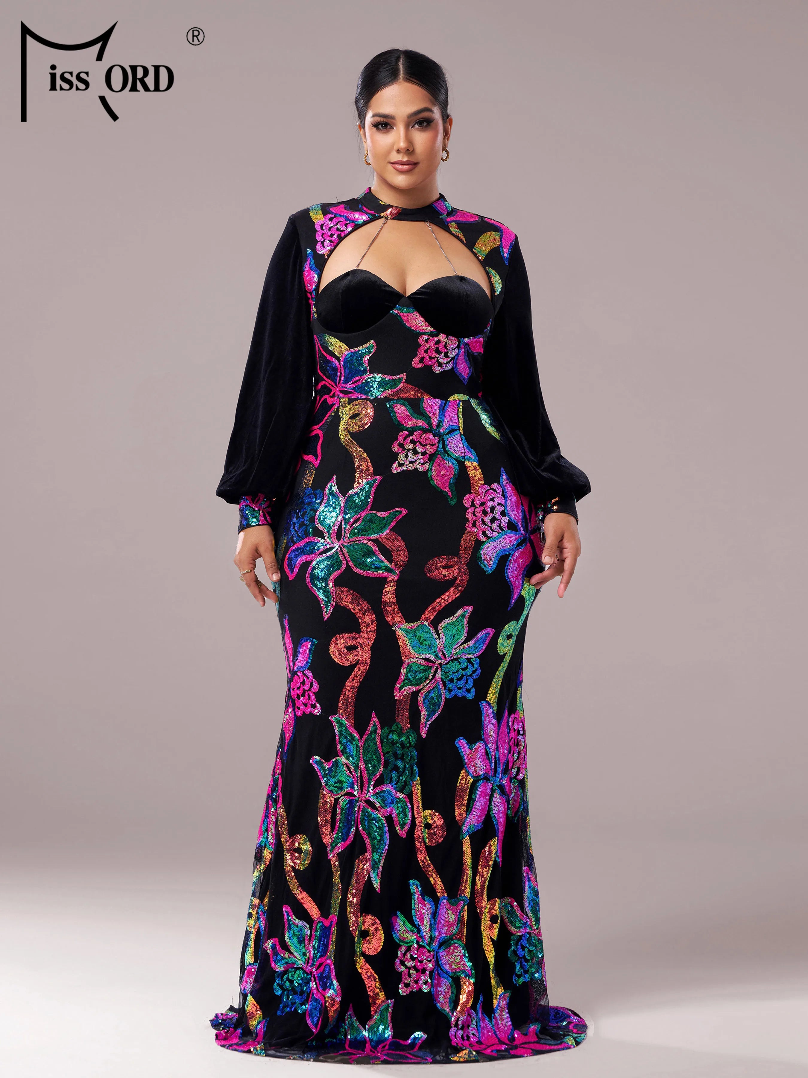 FZ Women's Plus Size Round Neck Lantern Sleeves Floral Sequin Mermaid Evening Dress