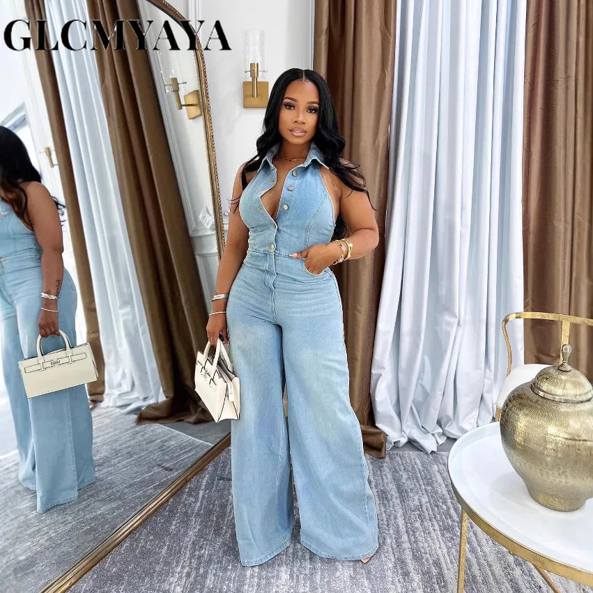 FZ Women's Sleeveless Single Breasted Wide Leg  Denim Jumpsuit
