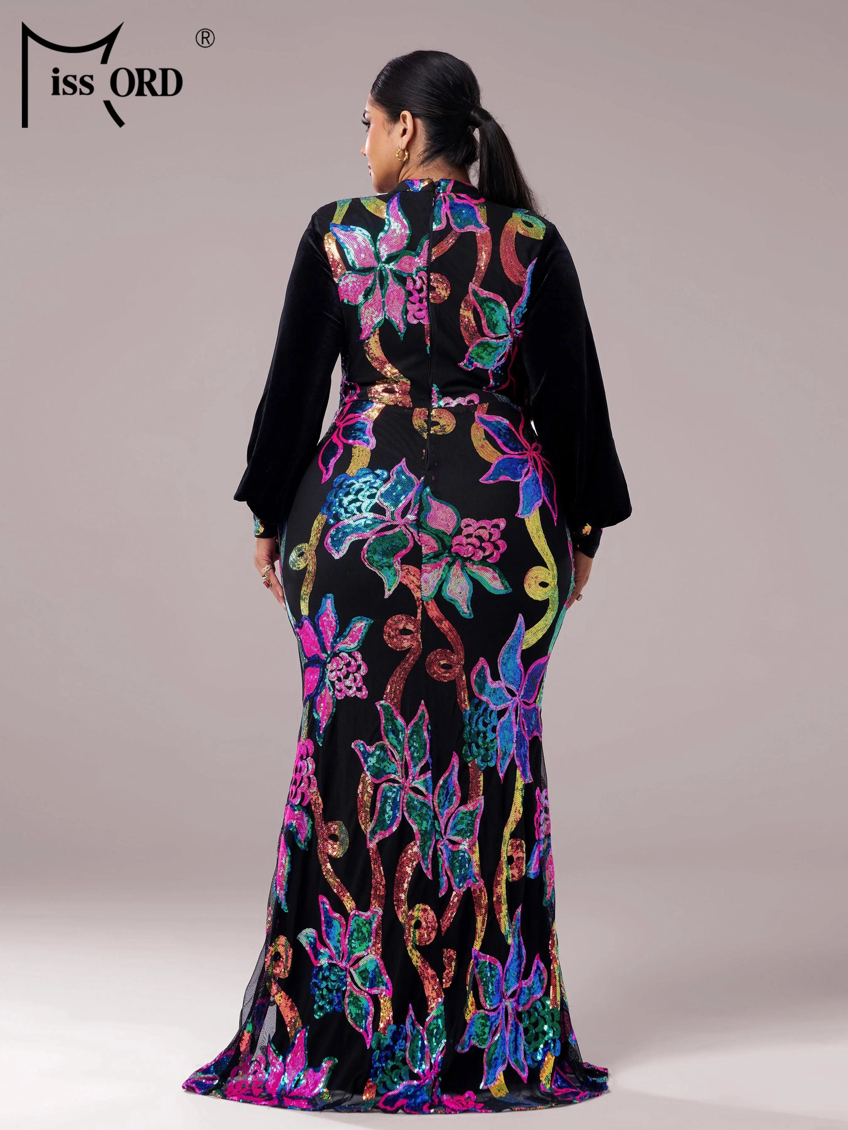 FZ Women's Plus Size Round Neck Lantern Sleeves Floral Sequin Mermaid Evening Dress