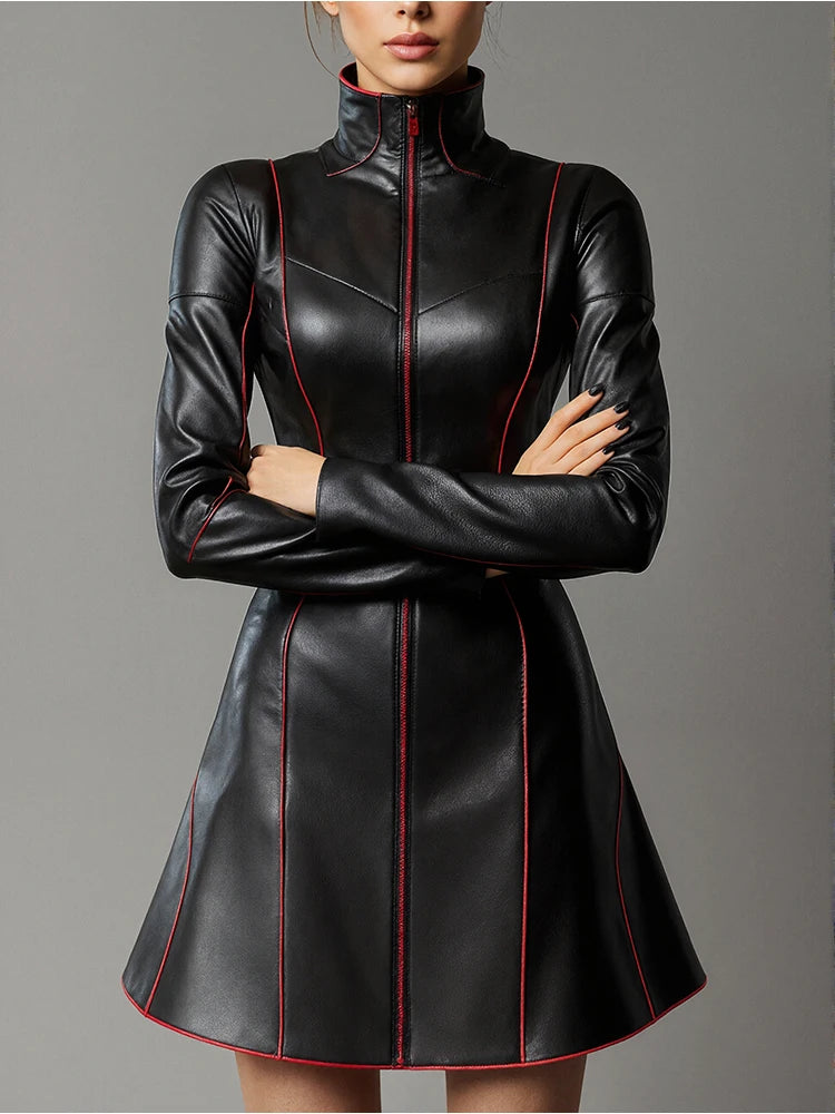 FZ Women's Pleated A-Line Vintage Casual High Street  PU Leather Dress