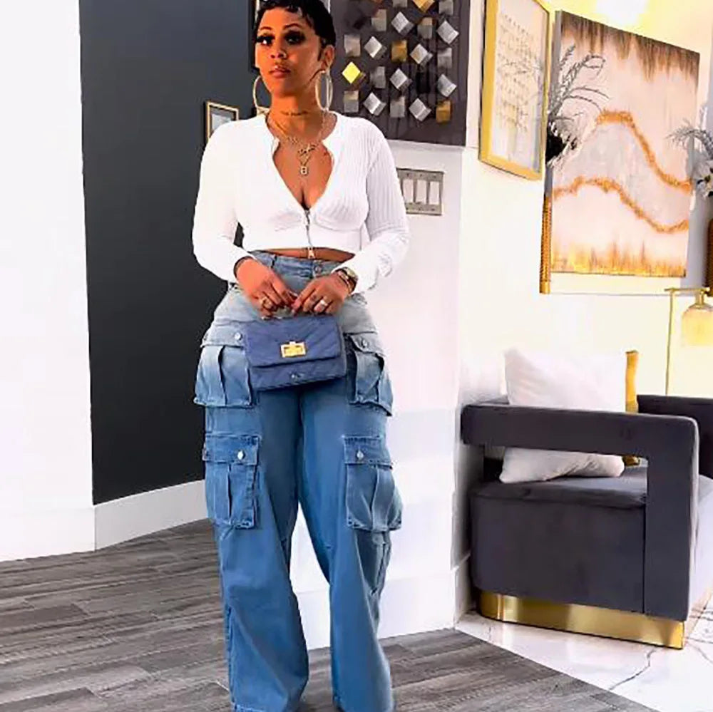 FZ Women's Wide Leg High Waist Straight Streetwear Denim Pants