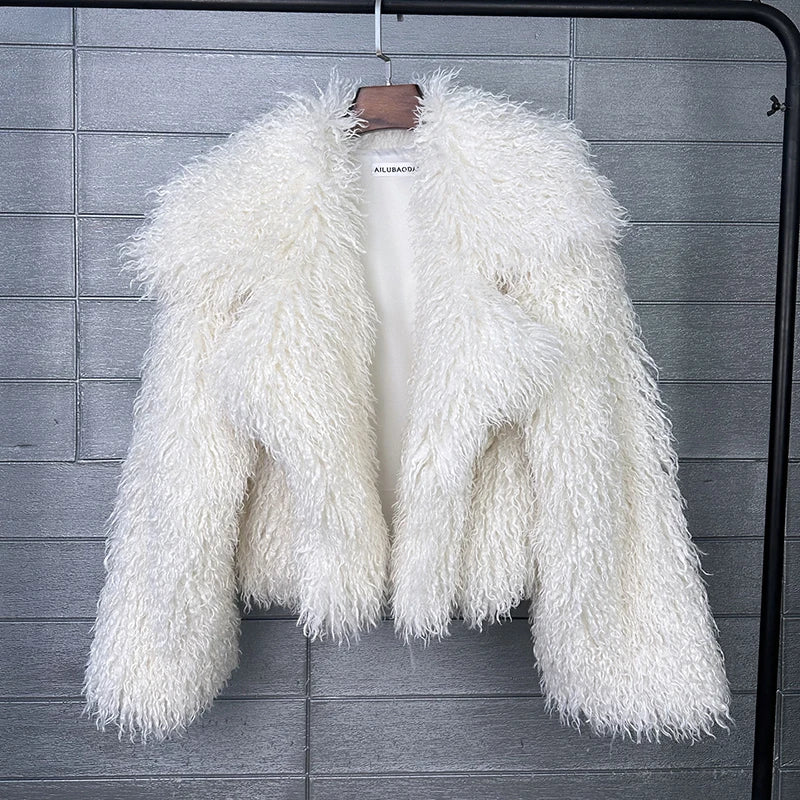 FZ Women's Notched Collar Fuzzy Faux Fur Short Coat Jacket