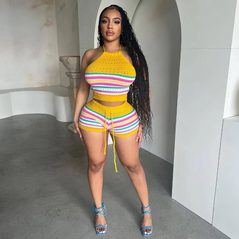 FZ Women's Sweet Stripe Print Knitting Two Piece Backless Shorts Suit - FZwear