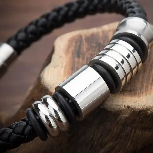 FZ Unisex Stainless Steel Vintage Charm Leather Bracelet - FZwear