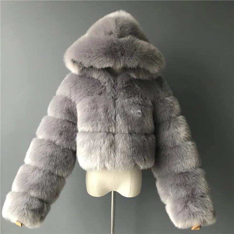 FZ Women's Faux Fur Thick Warm Hooded Open Stitch Short Coat Jacket