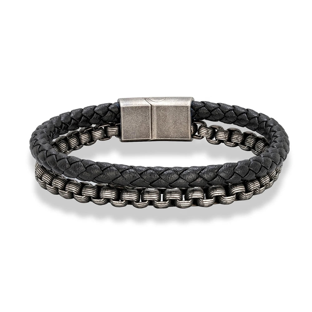 FZ Punk Rock Chain Stainless Steel Magnet Button Leather Bracelet