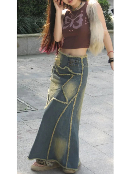 FZ Women's High Street Retro Style Distressed Long Denim Skirt - FZwear