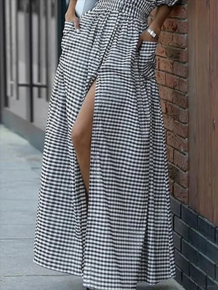 FZ Women's Printed Puff Sleeves High Waist Split Maxi Shirt Dress