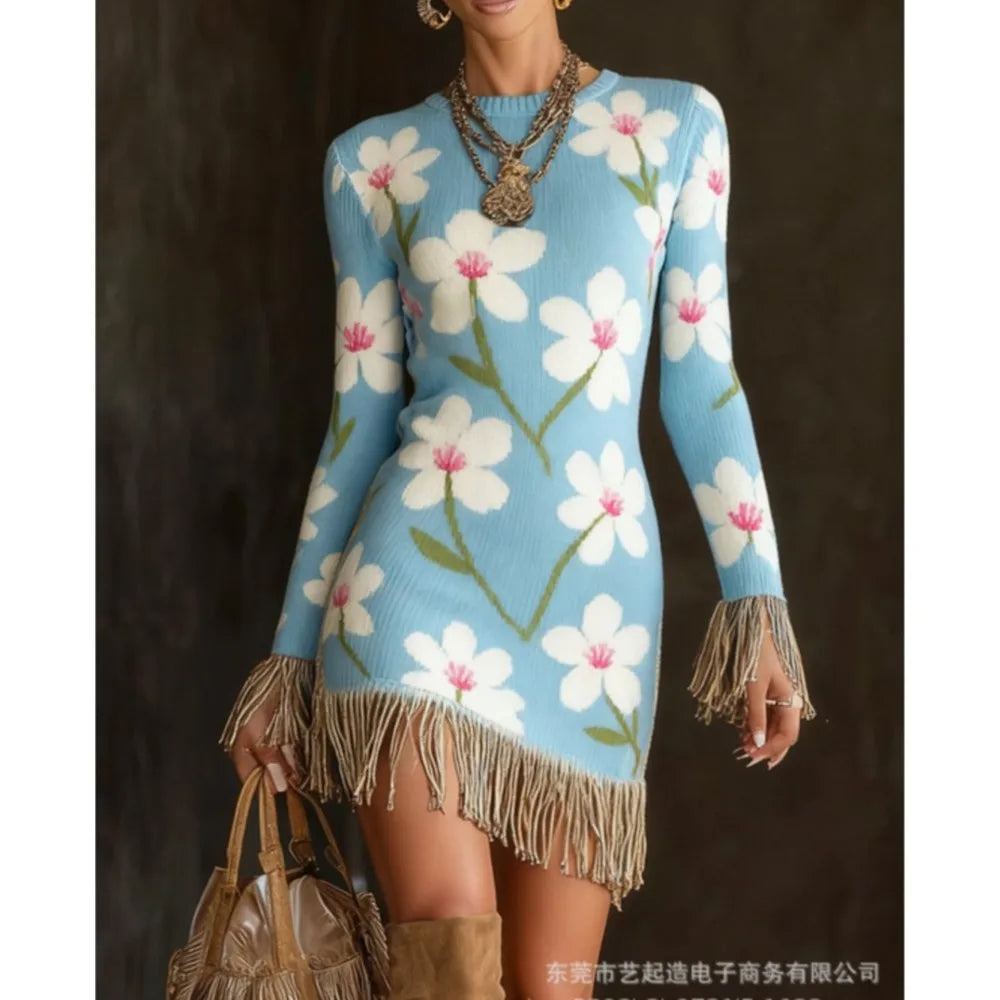 FZ Women's Retro Print Tassel Slim Fit O Neck  Mini Knitted Sweater Dress