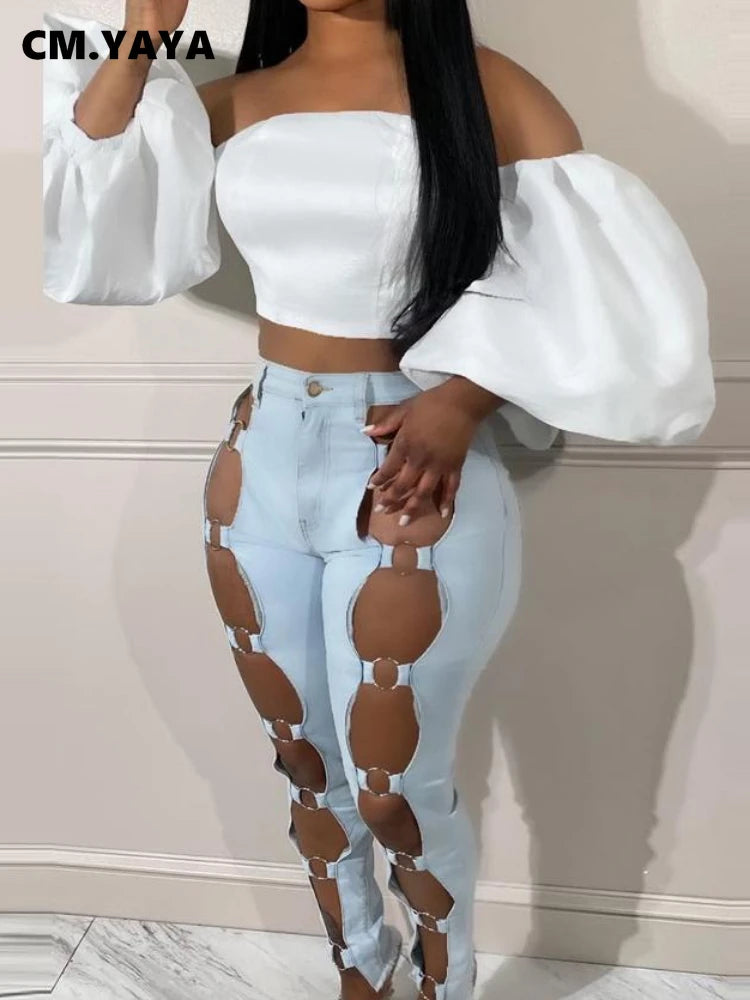 FZ Women's Streetwear Pencil Hollow Out Stretch Ripped Denim Pants