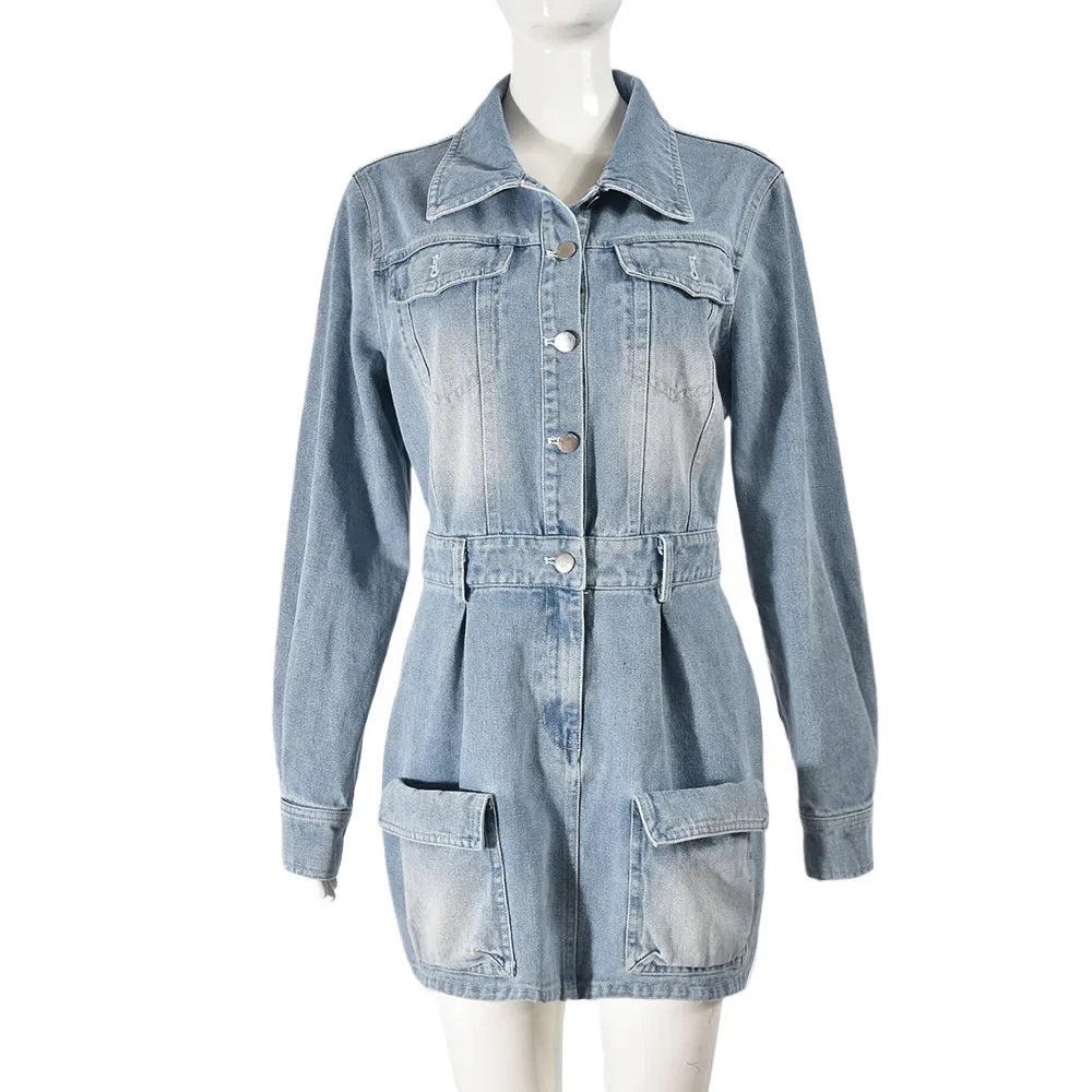 FZ Women's Single Breasted Turn-down Collar Denim Dress