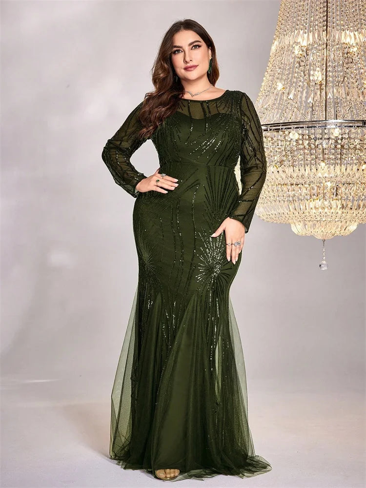FZ Women's Plus Size Long Sleeves Sequins Mermaid Maxi Evening Dress