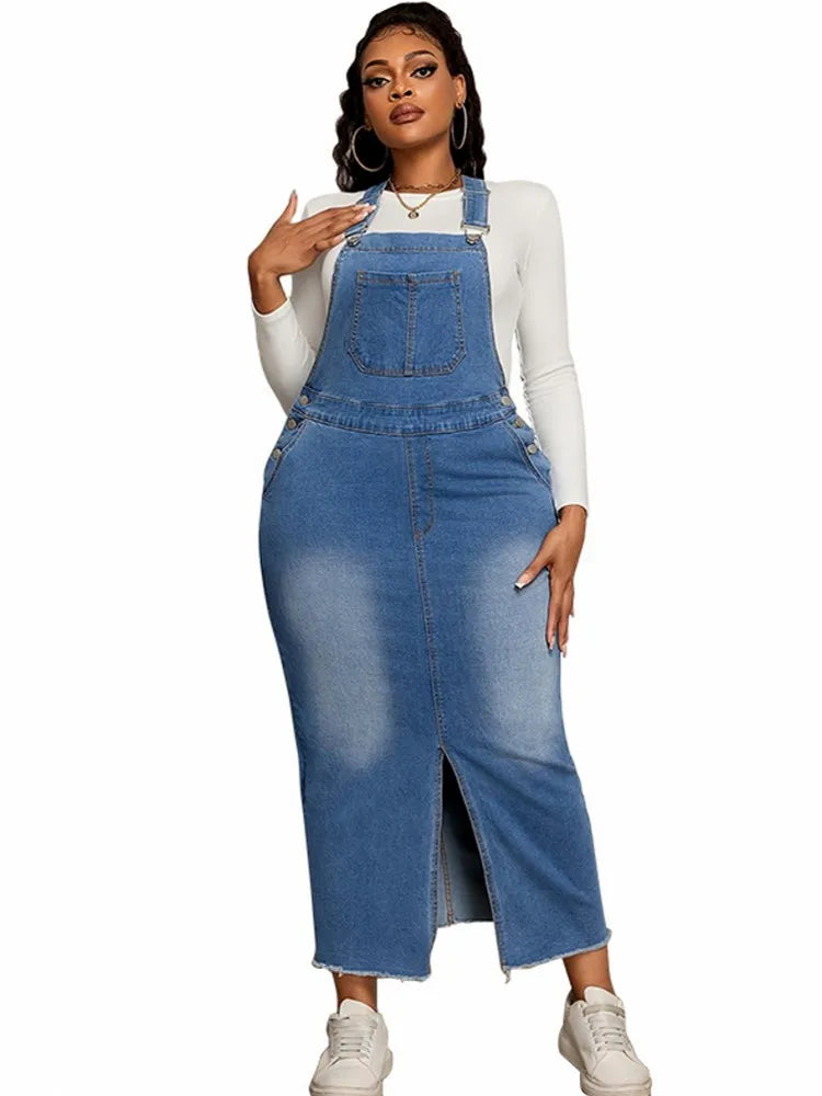 FZ Women's Plus Size Loose Street Style Halter Back Maxi Denim Dress