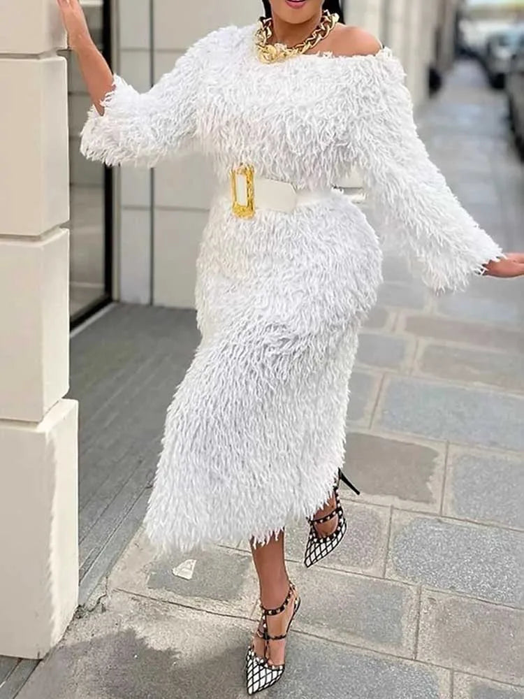 FZ Women's Long Sleeve Off Shoulder Faux Fur Winter Evening Dress