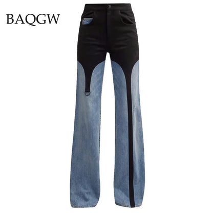 New Design Streetwear Women's High Waisted Jeans Straight Pants Color Block Patchwork Spring Autumn Casual Denim Pants Trousers - FZwear