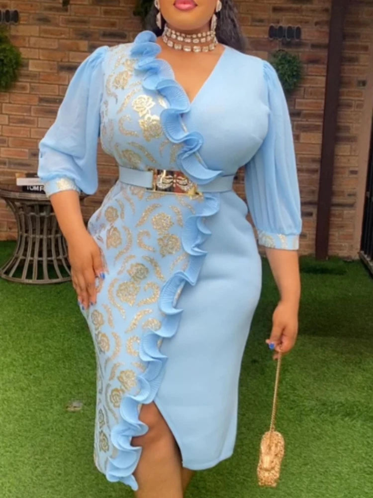 FZ Women's V Neck Ruffles 3/4 Sleeve Metallic Foil Printed Patchwork Dress