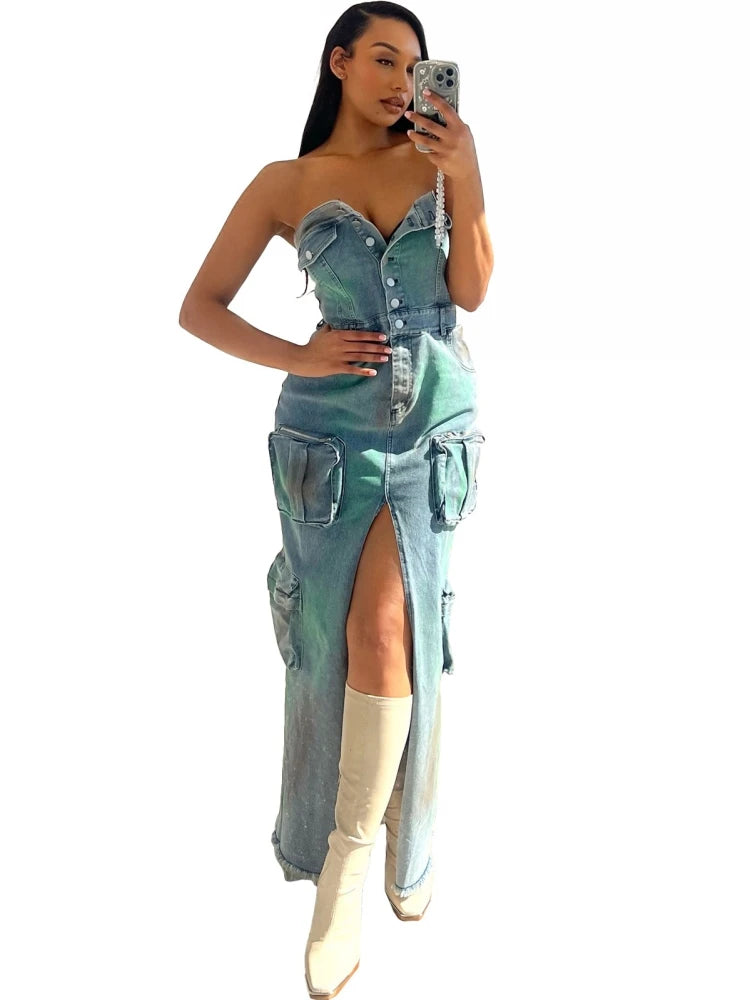 FZ Women's Strapless Sexy Retro Elegant High Waist Denim Dress - FZwear