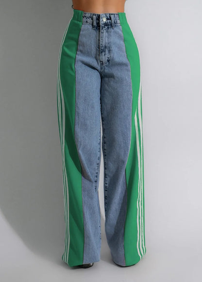 FZ Women's Fashion Stripe Splicing Wide Leg High Waisted Button Denim Pants