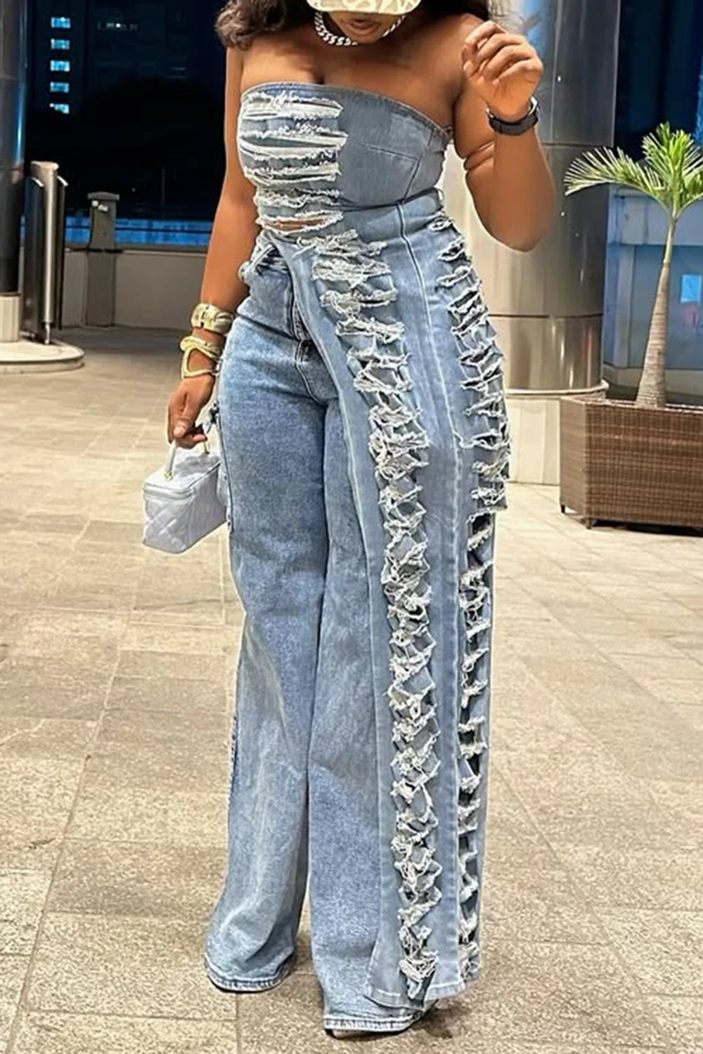 FZ Women's Plus Size Asymmetric Hem Distressed Two Piece Denim Pant Suit