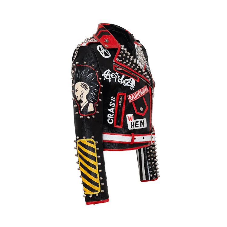 FZ Women's Printed Willow Pin Coat Short Punk Rock Pu Leather Jacket